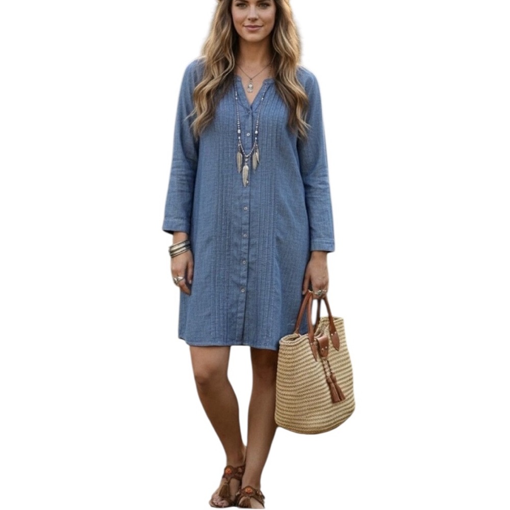 J. Jill Chambray Blue Button-Front Long Sleeve Dress